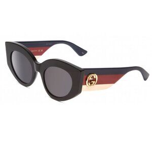 Gucci GG0275S Womens Round Sunglasses in Black Red Tan Brown Gold Logo/Grey 50mm